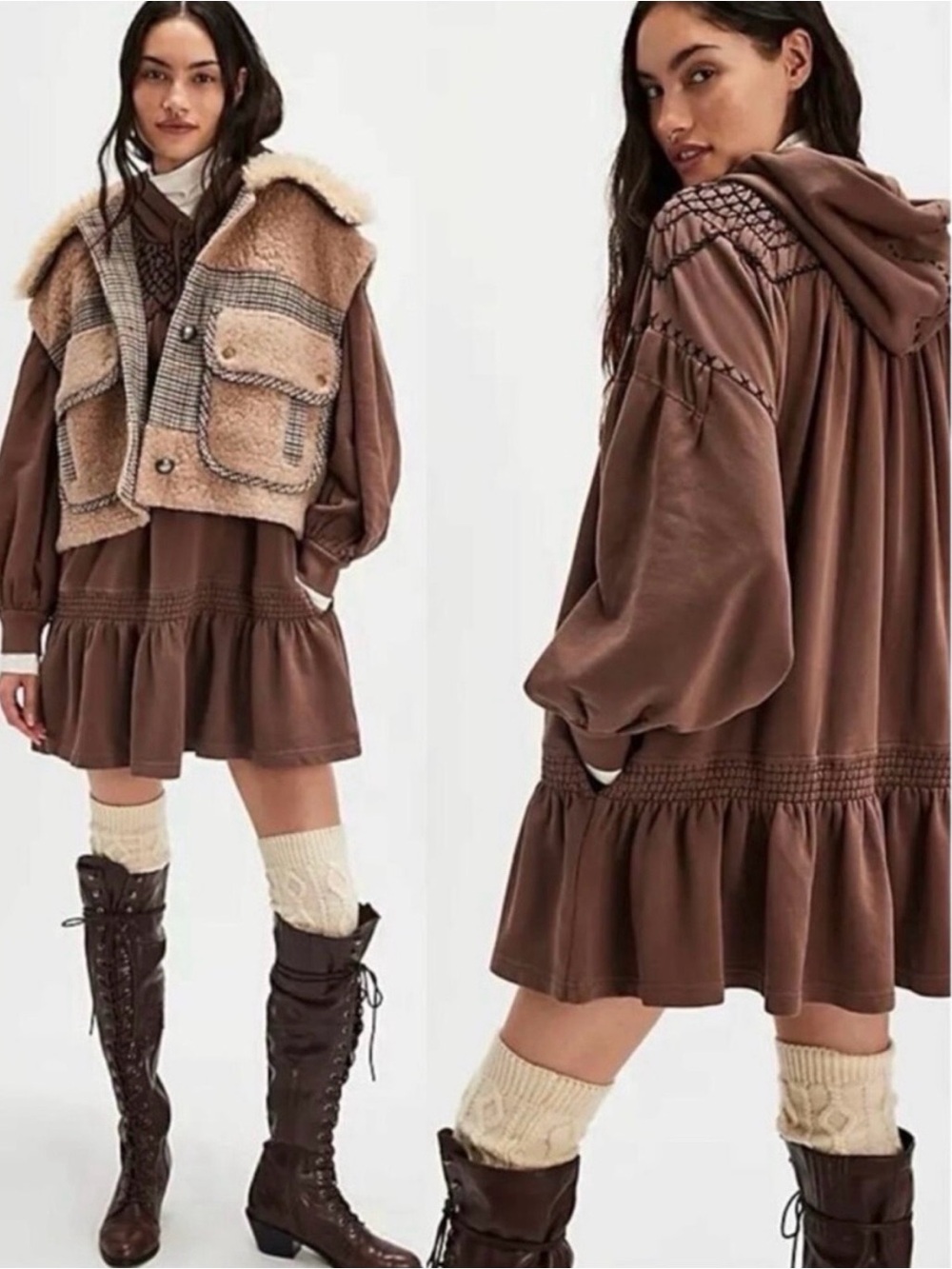 Free People Marty Smocked Hooded Mini Dress Size Large